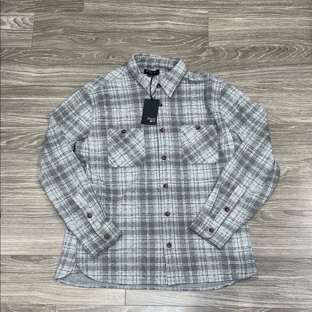 Plaid Button-Up Flannel Shirt in Gray and White
